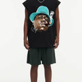 BIG FACE Drop-Shoulder Tank Top High-street vintage style featuring a small neckline, white-ink digital direct-to-garment (DTG) printing, and a heavy-duty, distressed wash finish; crafted from 260g double-yarn plain-knit fabric.