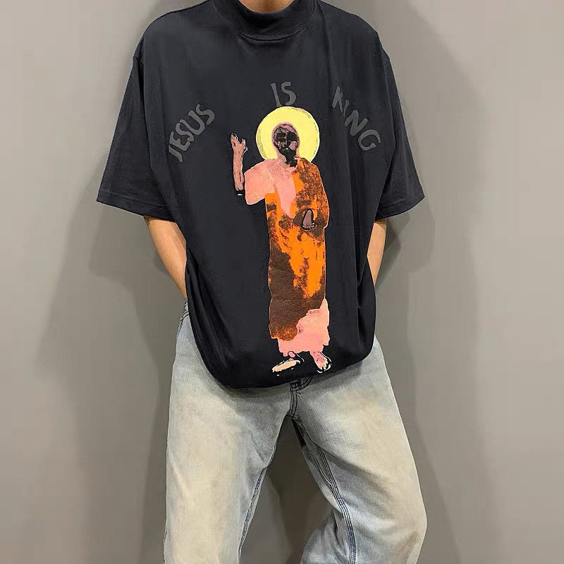 Mens T-shirt Vintage American-style Kanye-style oversized drop-shoulder tee with Jesus/God puff print.