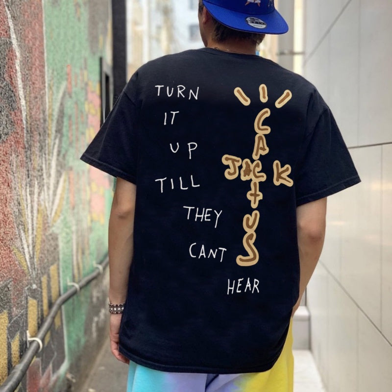 Mens T-shirt Vintage American-style Travis Scott abstract stick-figure letter puff print
