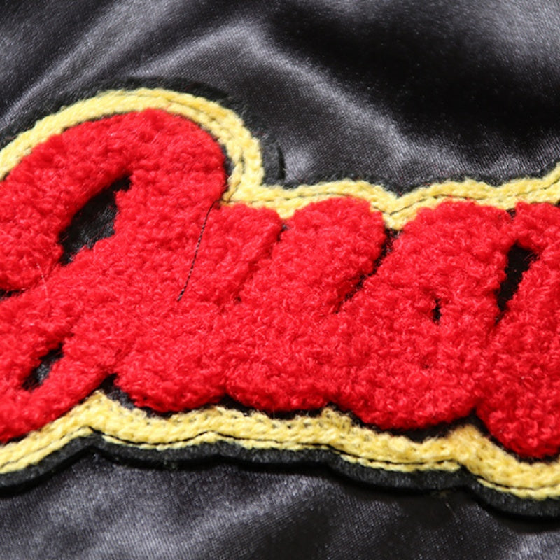 American-style baseball jacket Trending Vintage-Style Sports Sweatshirt: NBA-Inspired Flame Print & Retro Towel Embroidery