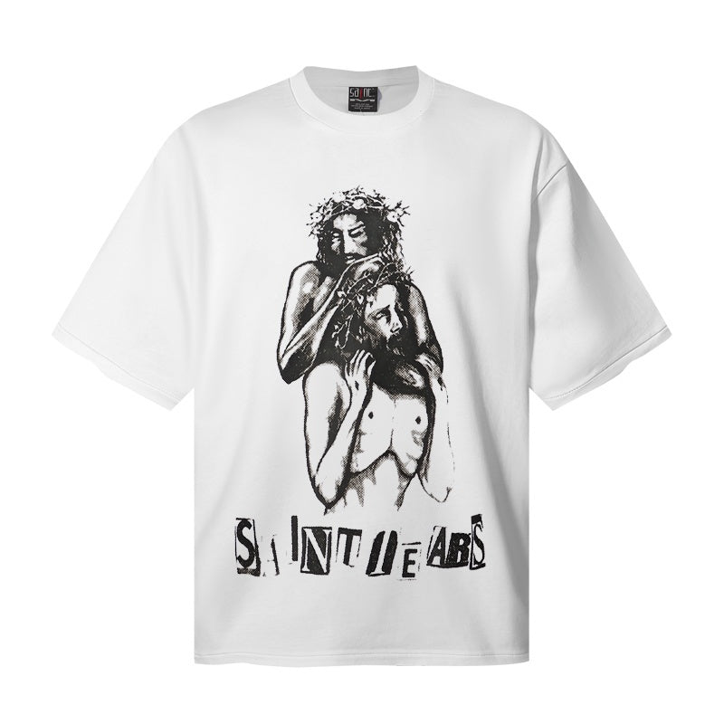 Saint Michael T Shirts Monochrome Saint Tears Crown Figure Dark Aesthetic Art