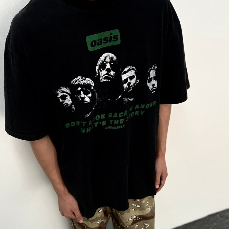 Unisex Vintage T Shirts OASIS Tour-Exclusive High-Street T-Shirt: West Coast Street/Graffiti/Hip-Hop Style. Features a heavyweight fabric with a distressed wash finish and direct-to-garment white ink printing—offering an unbeatable feel and premium q