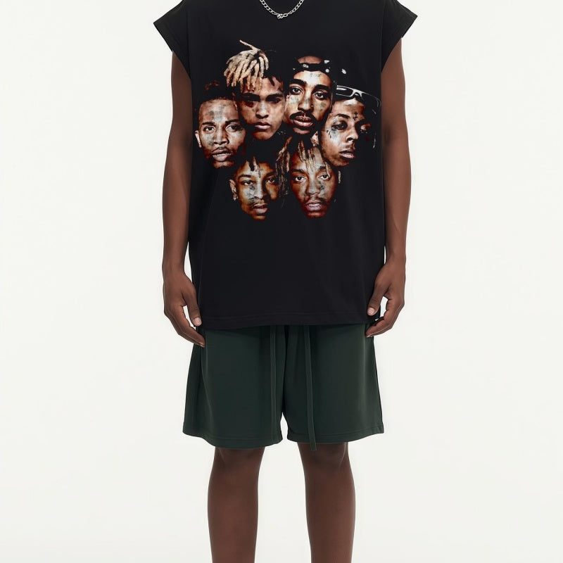 BIG FACE Drop-Shoulder Tank Top High-street vintage style featuring a small neckline, white-ink digital direct-to-garment (DTG) printing, and a heavy-duty, distressed wash finish; crafted from 260g double-yarn plain-knit fabric.