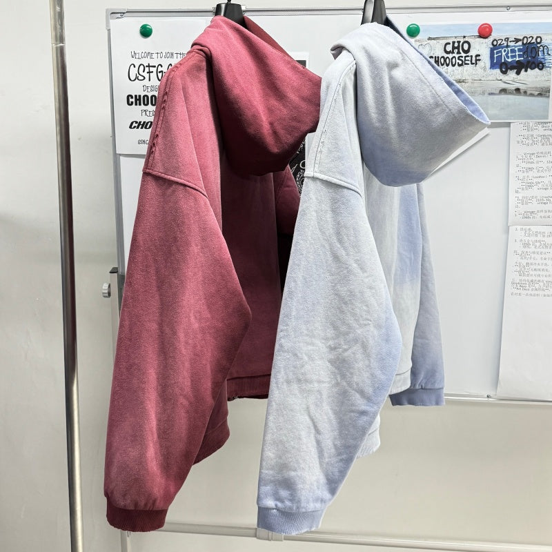 Unisex Vintage Hoodie Oversized, relaxed-fit layered jacket; natural washed-out, faded, and distressed finish; hand-distressed details in multiple areas; pure cotton.