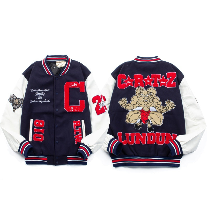 American-style baseball jacket Streetwear CRTZ heavyweight wool-blend jacket with leather sleeves and intricate, high-density embroidery.
