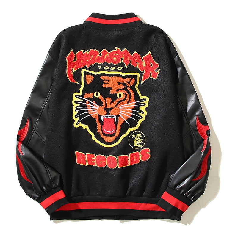 American-style baseball jacket High-street style HELL tiger-motif varsity jacket featuring color-blocking, contrast paneling, and embroidery—an Instagram-trending design.