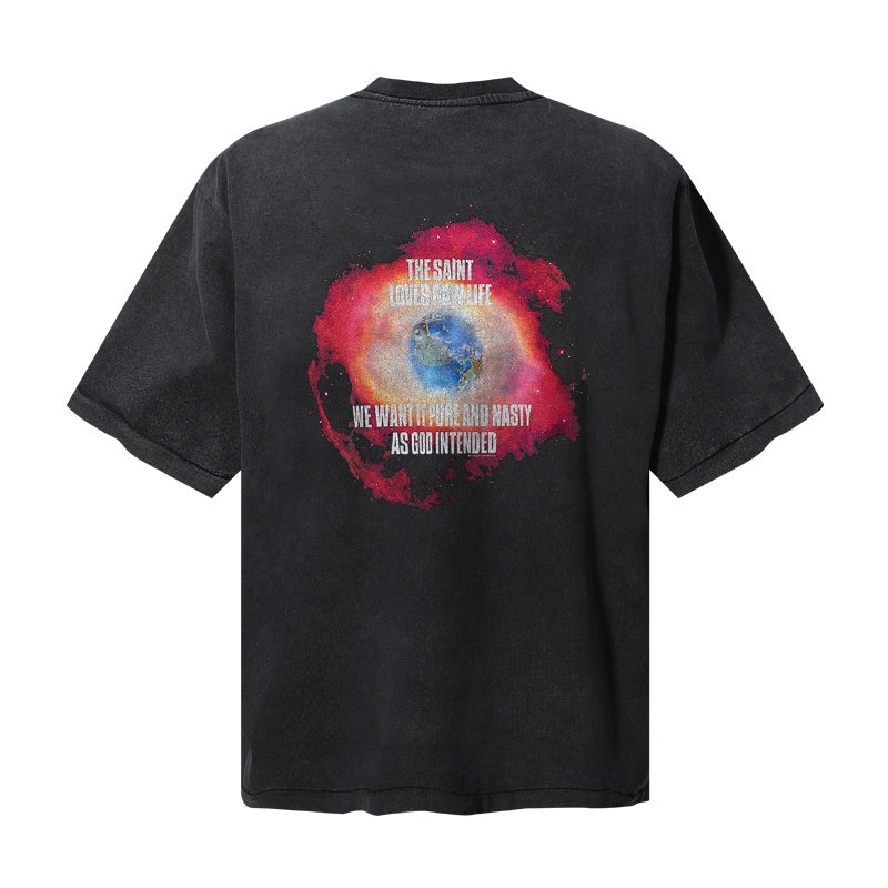 Saint Michael T Shirts Red Pink Nebula Earth Graphic Distressed Streetwear Back Motif