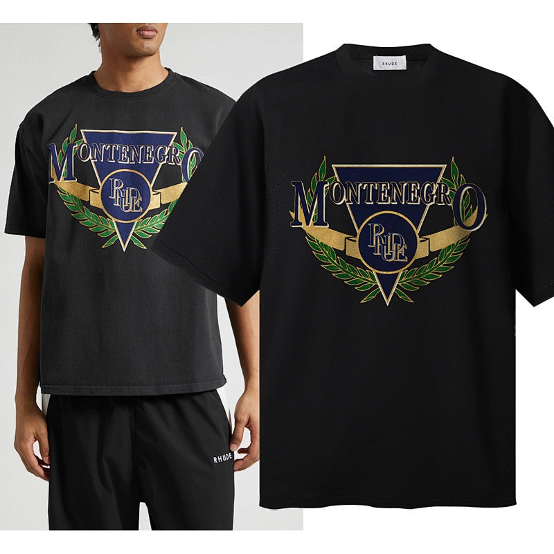 RHUDE T Shirts Varsity‑Style Metallic Monogram Emblem Print
