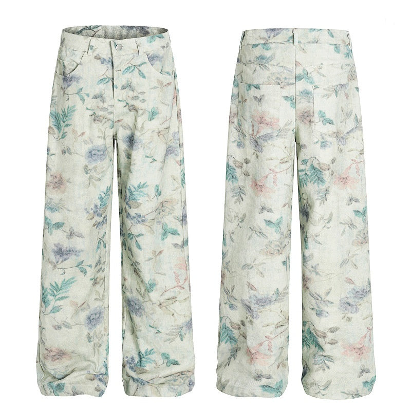 American-style streetwear harem pants Vintage Botanical Floral Print Soft Textured Weave