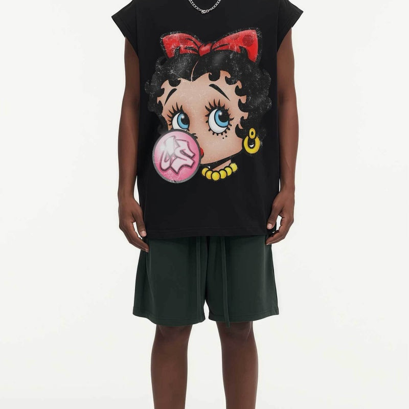 BIG FACE Drop-Shoulder Tank Top High-street vintage style featuring a small neckline, white-ink digital direct-to-garment (DTG) printing, and a heavy-duty, distressed wash finish; crafted from 260g double-yarn plain-knit fabric.