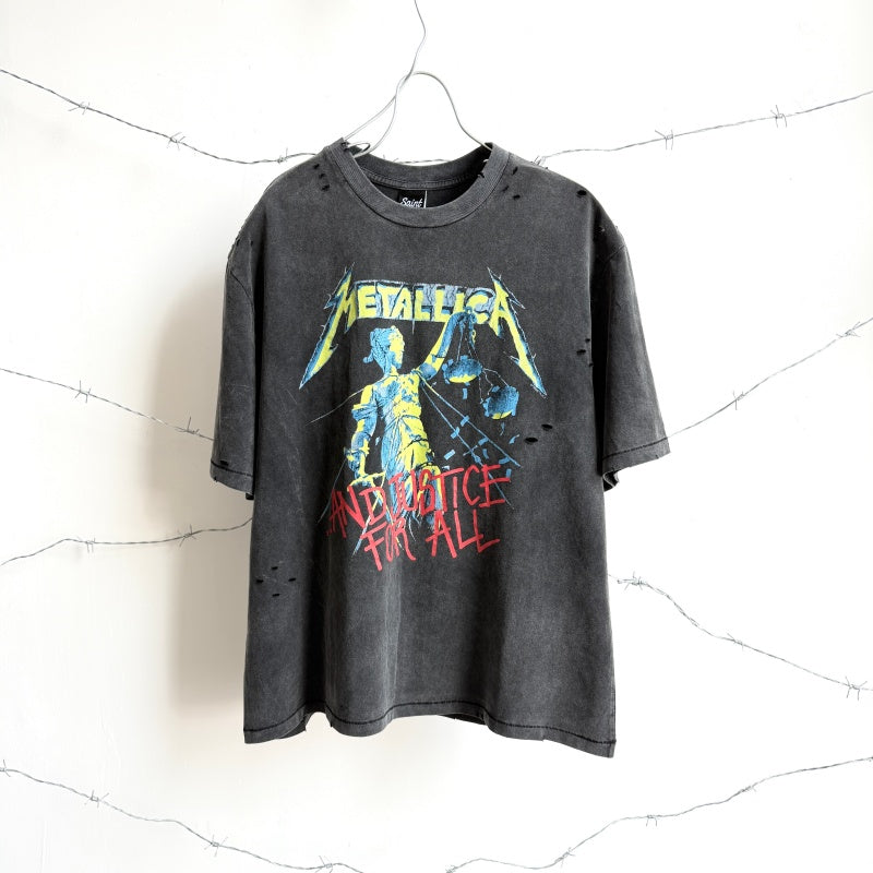 Unisex Vintage T Shirts Saint × BerBerJin × Metallica three-way collaboration washed short-sleeve tee. Features vintage single-stitch construction, heavy enzyme-wash finish, and distressed cut-and-tear detailing across multiple areas.