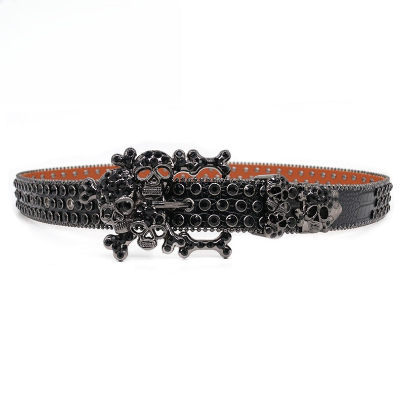 Hip-hop punk rhinestone belt skull head exaggerated