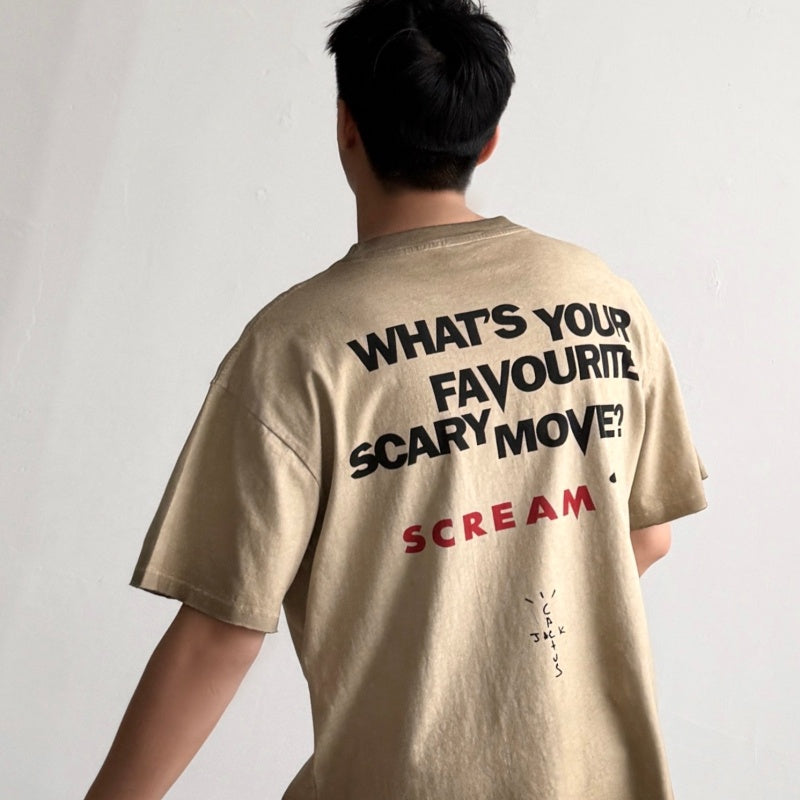 Unisex Vintage T Shirts Travis Scott x Cactus Jack x *Scream* Three-Way Collaboration: Heavy-duty washed, distressed, and destroyed T-shirt featuring a boxy, cropped, and grunge-punk aesthetic.