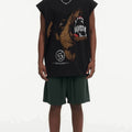 BIG FACE Drop-Shoulder Tank Top High-street vintage style featuring a small neckline, white-ink digital direct-to-garment (DTG) printing, and a heavy-duty, distressed wash finish; crafted from 260g double-yarn plain-knit fabric.