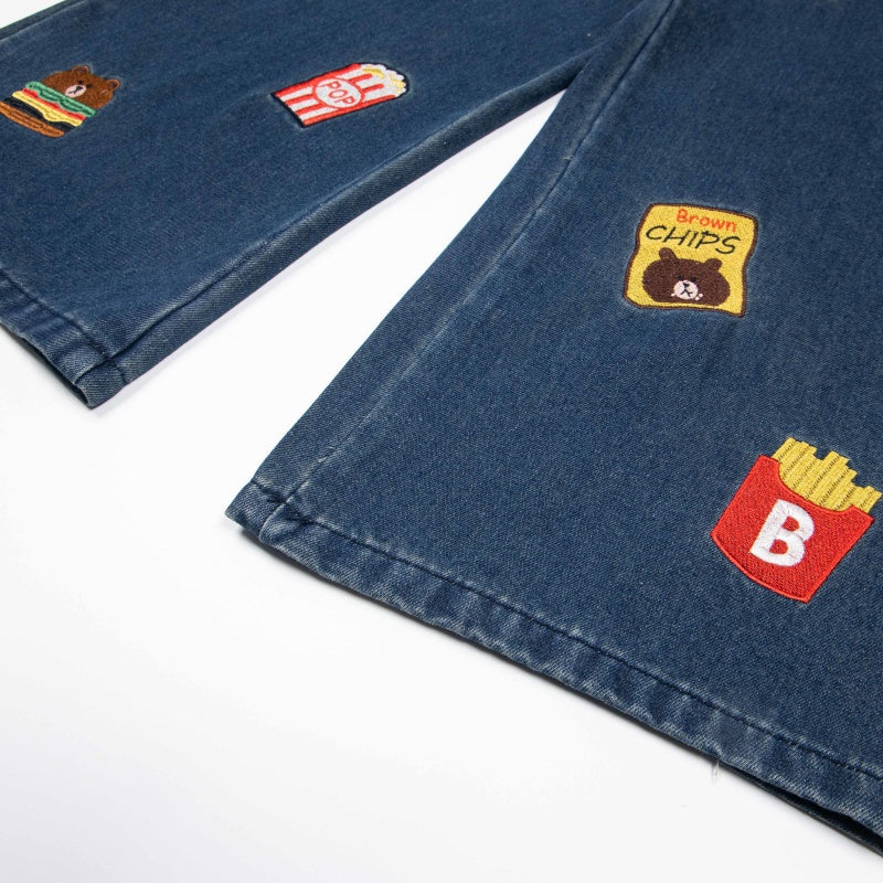Street-style vintage jeans Retro Casual Loose Fit Straight Leg Jeans with Cute Bear Snacks Embroidery
