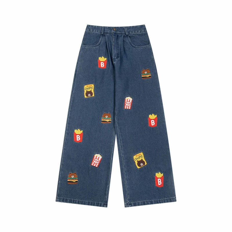 Street-style vintage jeans Retro Casual Loose Fit Straight Leg Jeans with Cute Bear Snacks Embroidery