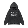 ERD Hoodie Acid Washed Black Pullover Front Letter Graphic Back Circular Portrait Print