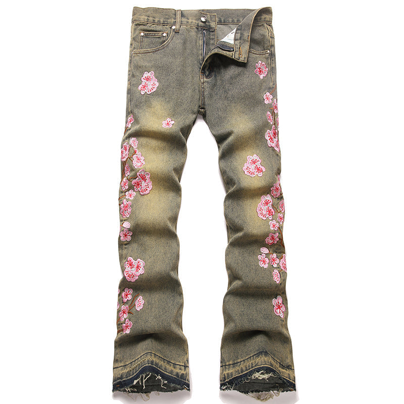 Mens Fashion Jeans Pink cherry blossom embroidery 5719# Pure cotton high quality
