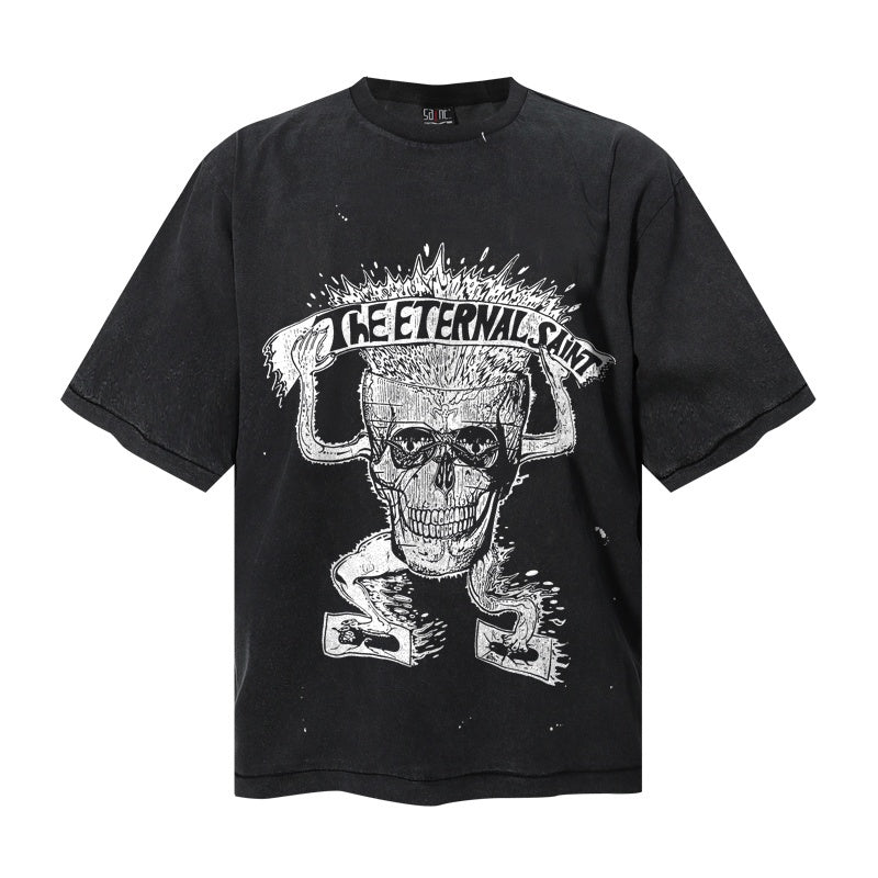 Saint Michael T Shirts Faded Black Oversized Rock Skull Graphic