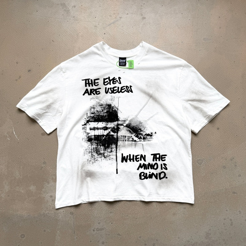 Unisex Vintage T Shirts Saint Street Dirty â€?A Follow Your Heart limited-edition tee featuring street graffiti aesthetics. Details include hand-painted dirty spray effects, multiple hand-distressed slash cuts, and a heavy-duty enzyme-washed fin