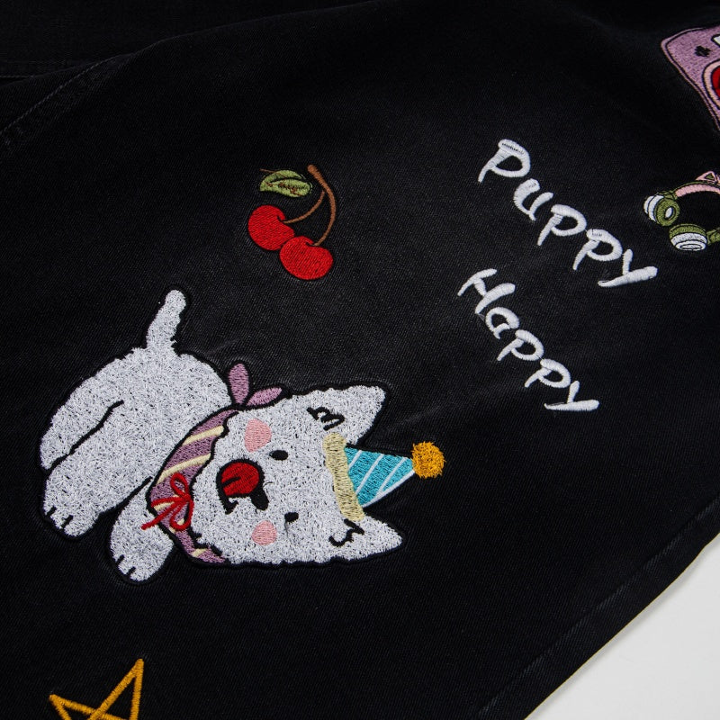 Street-style vintage Cropped trousers Retro Harajuku Style Loose-Fit Casual Jorts with Graphic Patches and Contrast Details