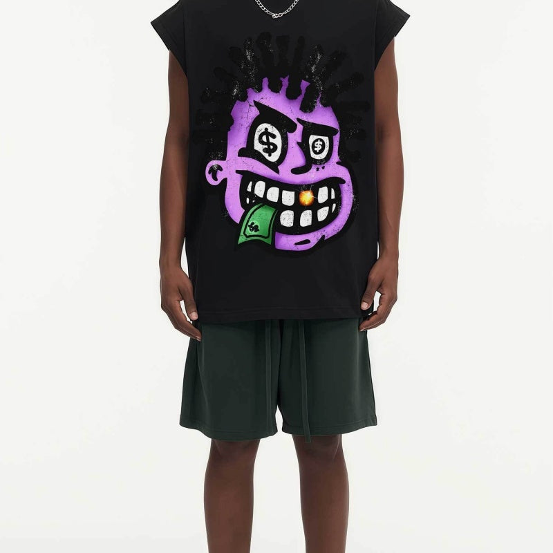 BIG FACE Drop-Shoulder Tank Top High-street vintage style featuring a small neckline, white-ink digital direct-to-garment (DTG) printing, and a heavy-duty, distressed wash finish; crafted from 260g double-yarn plain-knit fabric.
