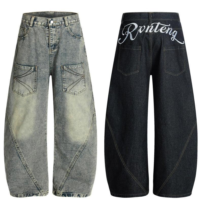 American-style streetwear harem pants Back Cursive Script Embroidery Voluminous Barrel Silhouette