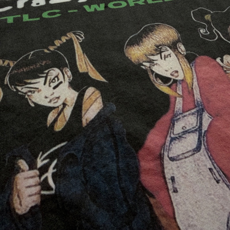 Unisex Vintage T Shirts Vintage-style line: A limited-edition, boxy, wide-neck streetwear T-shirt commemorating the 1994 CrazySexyCool world tour by the legendary American R&B girl group TLC; features a grunge-punk aesthetic.
