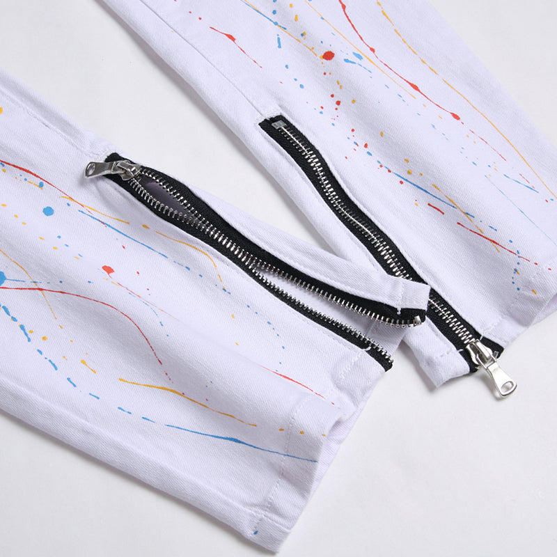 Mens Fashion Jeans Pants pocket zipper Color splatter ink 1168# Pure cotton high quality