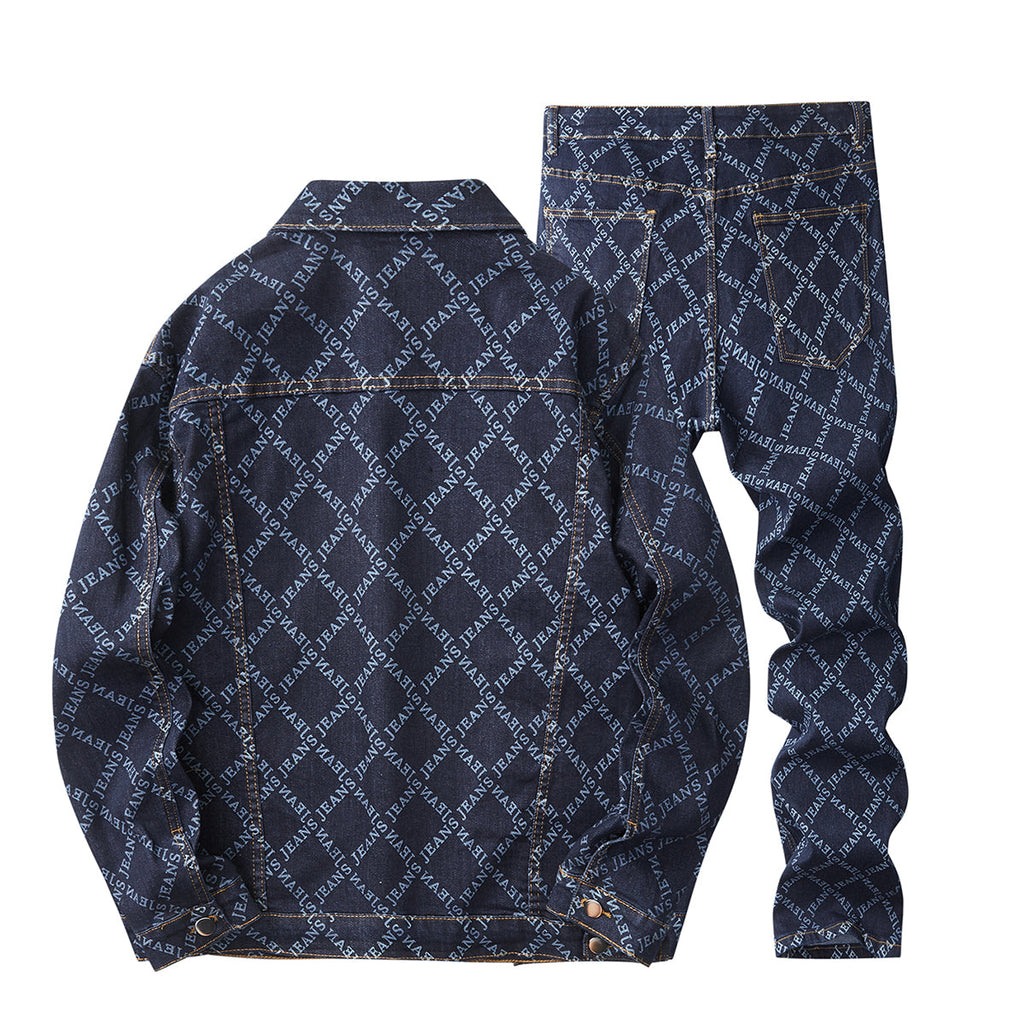 Denim Jacket & Jeans High-Street Trend Retro Casual Matching Monogram Typography Trucker Jacket and Slim-Fit Pants Outfit (jacket and jeans must be purchased separately.)