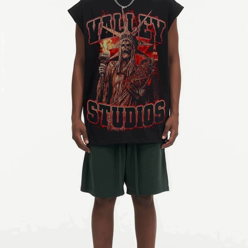 BIG FACE Drop-Shoulder Tank Top High-street vintage style featuring a small neckline, white-ink digital direct-to-garment (DTG) printing, and a heavy-duty, distressed wash finish; crafted from 260g double-yarn plain-knit fabric.