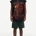 BIG FACE Drop-Shoulder Tank Top High-street vintage style featuring a small neckline, white-ink digital direct-to-garment (DTG) printing, and a heavy-duty, distressed wash finish; crafted from 260g double-yarn plain-knit fabric.