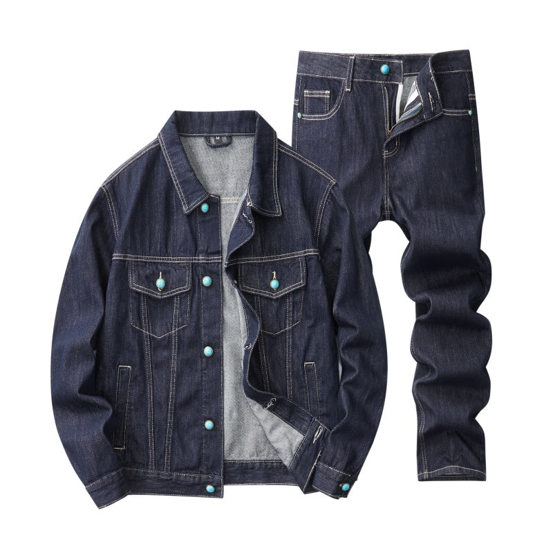 Denim Jacket & Jeans High-Street Trend Hip Hop Denim Pants Loose Fit Dark Blue Contrast Stitching Button Fly Straight Cut Raw Denim Jeans Streetwear Vintage Trousers (jacket and jeans must be purchased separately.)