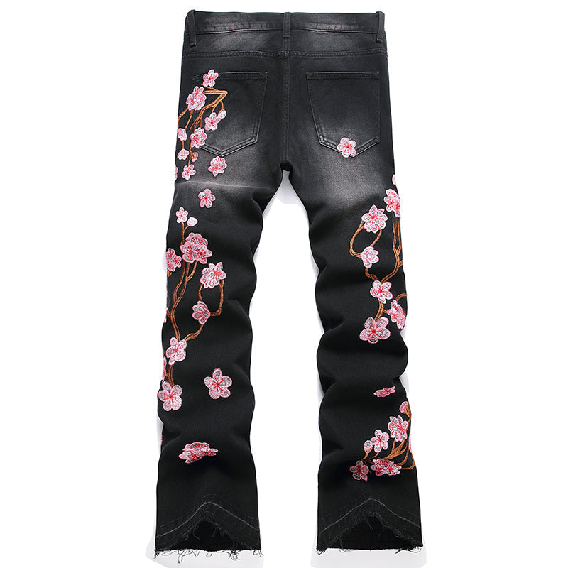 Mens Fashion Jeans Pink cherry blossom embroidered wide-leg pants 5710# Pure cotton high quality