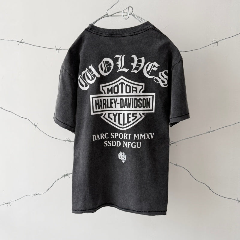 Unisex Vintage T Shirts Darc SSDD NFGU x Harley-Davidson Collaboration (Limited Edition): Heavyweight, distressed, and washed-effect tee featuring a Wolf Head graphic. Designed with a boxy, cropped, and wide-neck silhouette—embodying a gritty, grun
