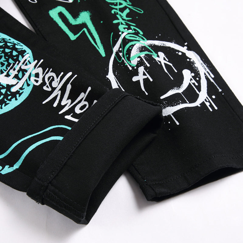 Mens Fashion Jeans Green Snake Street Graffiti 5705# Pure cotton high quality