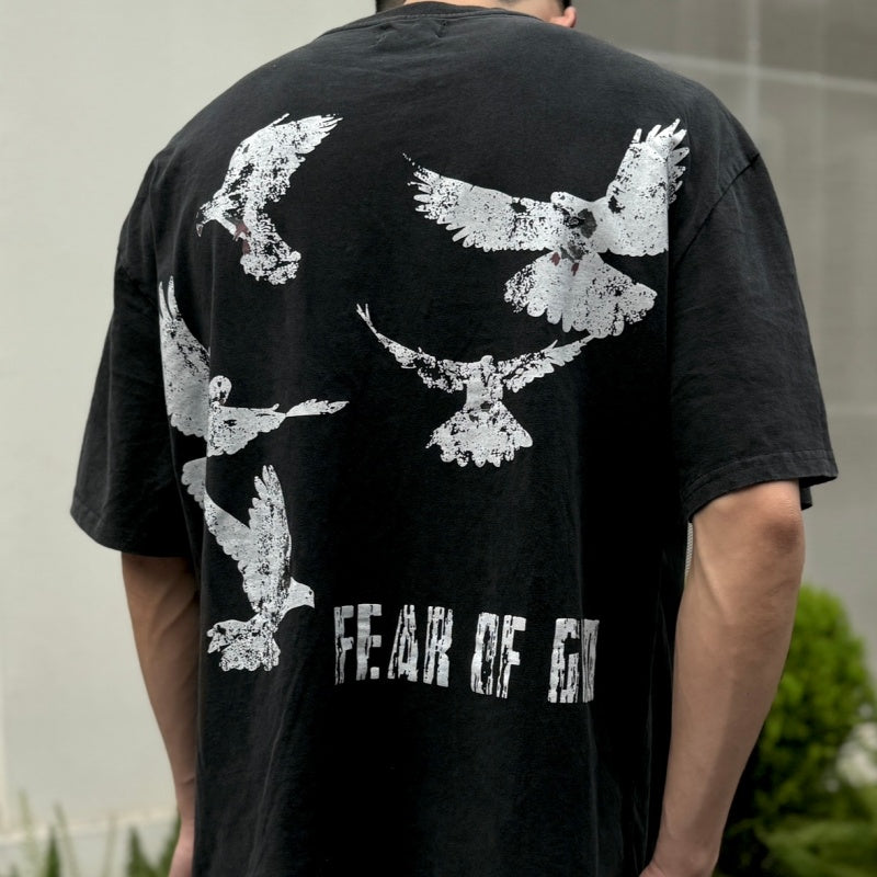 Unisex Vintage T Shirts SAINT MICHAEL x FOG Collaboration: Heavyweight, Distressed, Vintage-Washed Short-Sleeve Tee (Rose & White Dove Graphic)