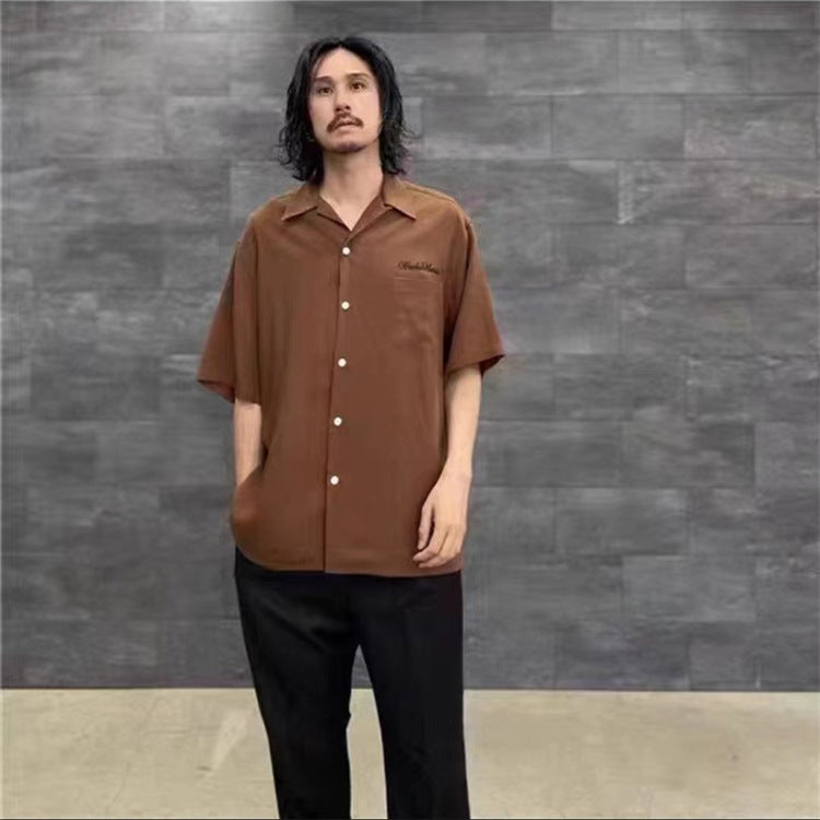 GUILTYPARTIES TIGER Shirts 24ss solid-color embroidered cursive Hawaiian rayon short-sleeved shirt