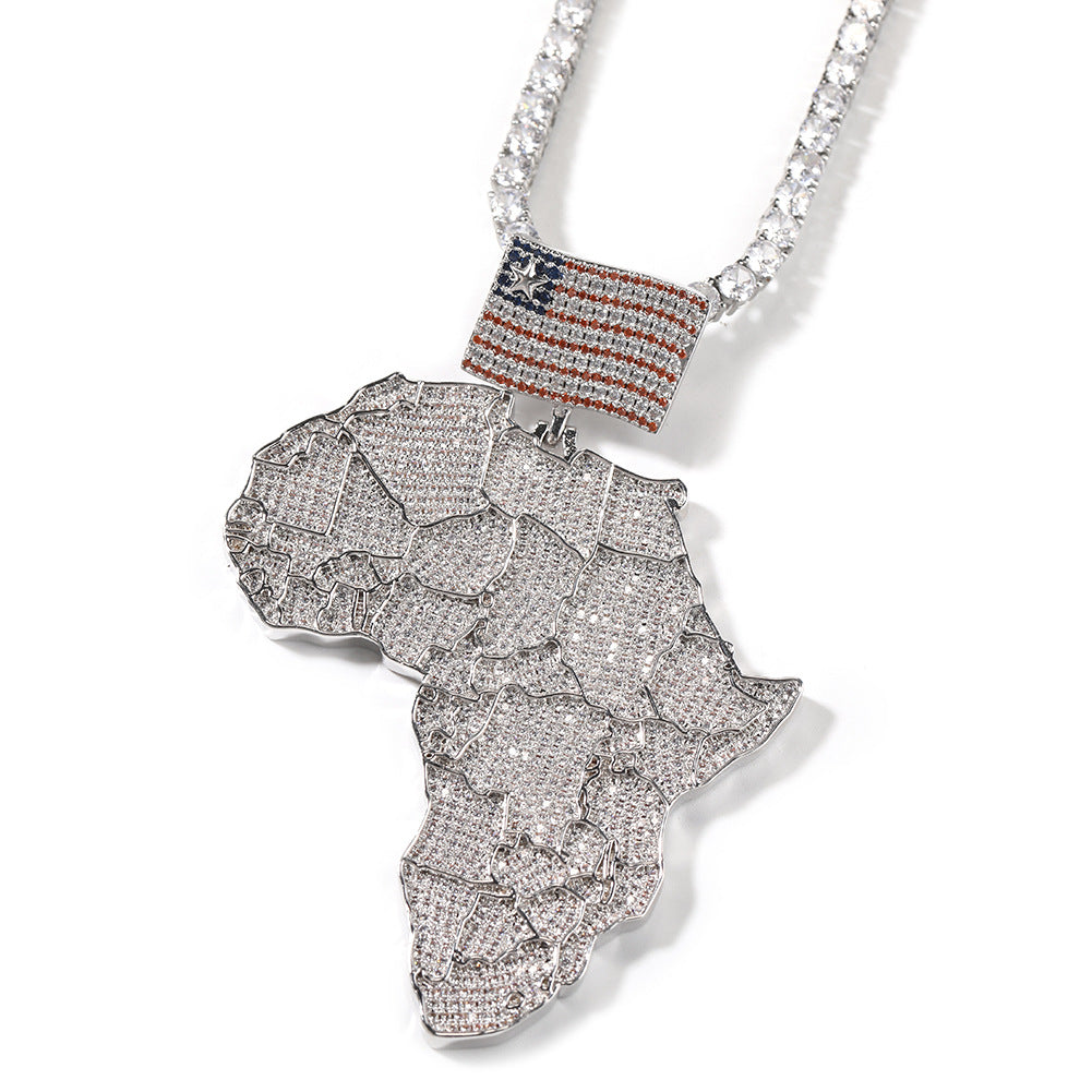 Jewelry Hip Hop Map Pendant Copper Set Zircon Necklace Spectrum