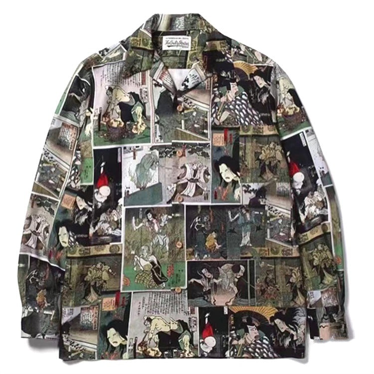 GUILTYPARTIES TIGER Long sleeved shirt 18aw, Ukiyo-e painting loose Hawaiian long-sleeved shirt men