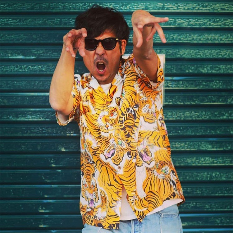 GUILTYPARTIES TIGER Shirts 19ss Tiger Print Tiger Totem Hawaiian Casual Short Sleeve Shirt Men