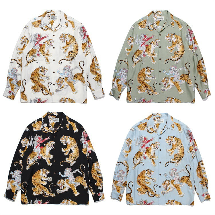 GUILTYPARTIES TIGER Long sleeved shirt Mechanical Ghost Riding Tiger Hawaiian Rayon Long Sleeve Shirt