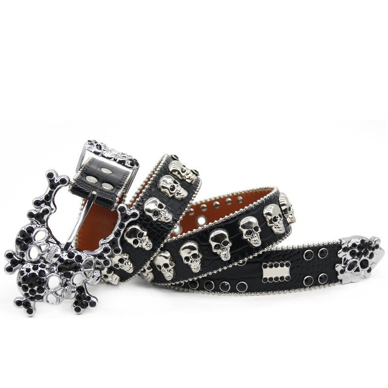 Hip-hop punk rhinestone belt western multi skull