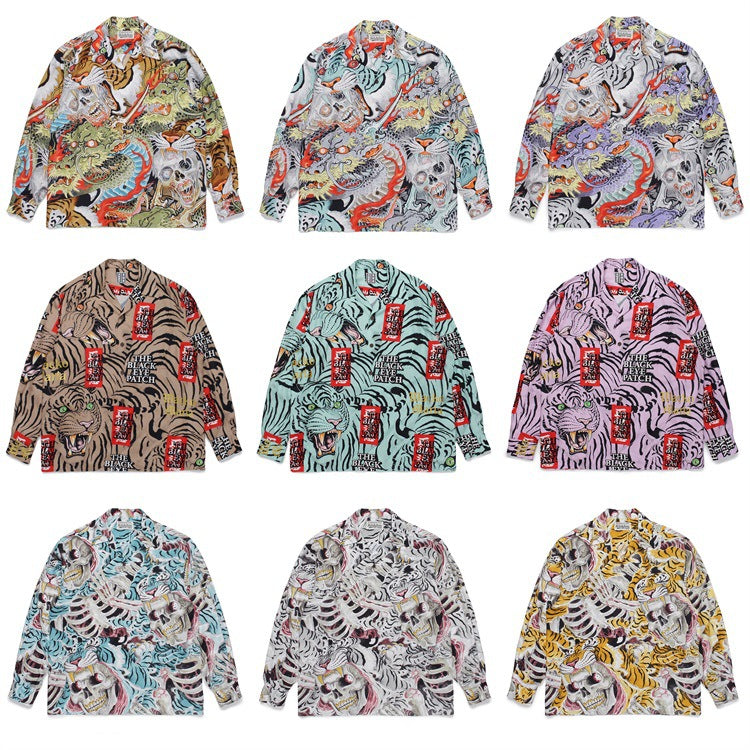 GUILTYPARTIES TIGER Long sleeved shirt Eye strap attention tiger totem skull Hawaiian long sleeved shirt