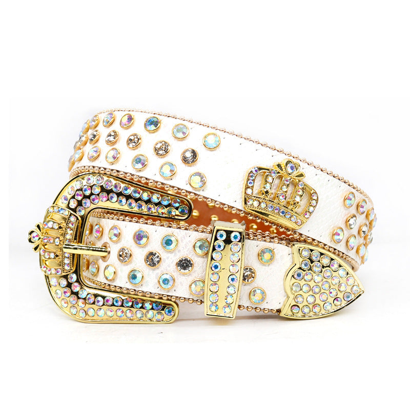 Hip-hop punk rhinestone belt gold crown rhinestone wide belt