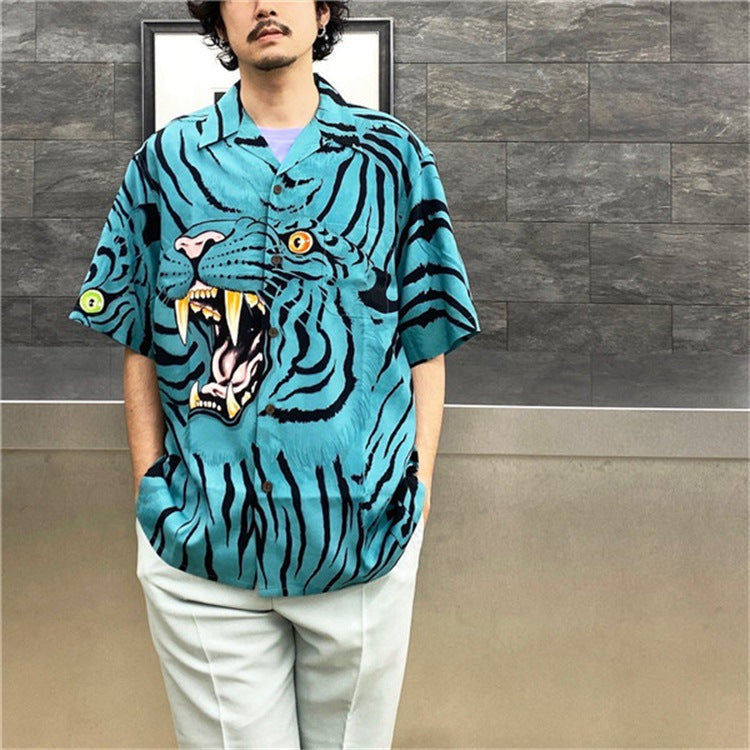 GUILTYPARTIES TIGER Shirts 22ss TIM LEHI Tiger Head, Yunhu, Tiger Pattern Short Sleeve Shirt Men