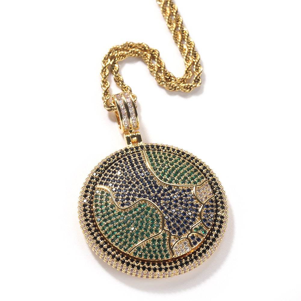 Jewelry Full Diamond Rotatable Earth Pendant Copper Inlaid AAA Zircon Jesus Pieces Royalty