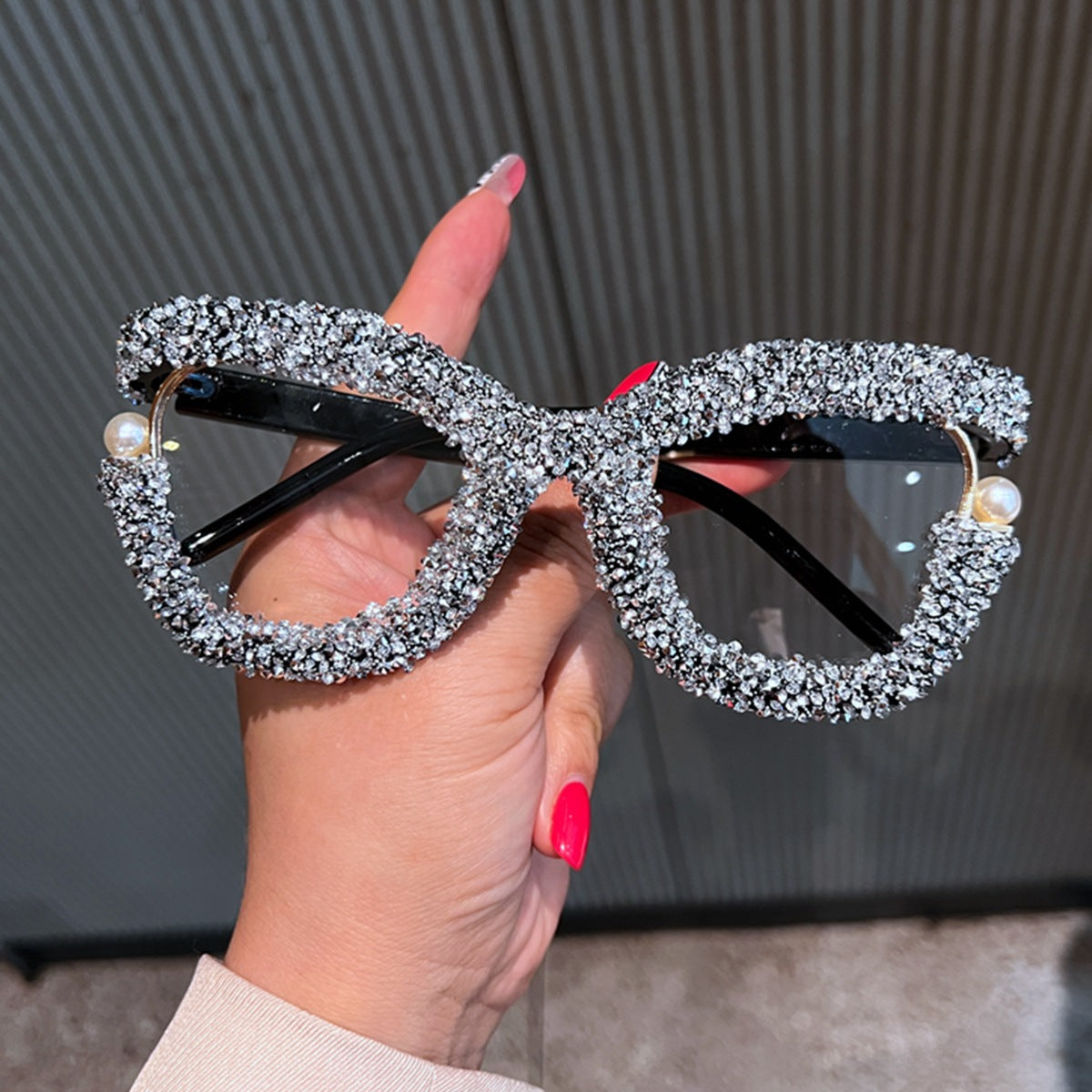 Trendy punk glasses pearl rhinestone tweed style