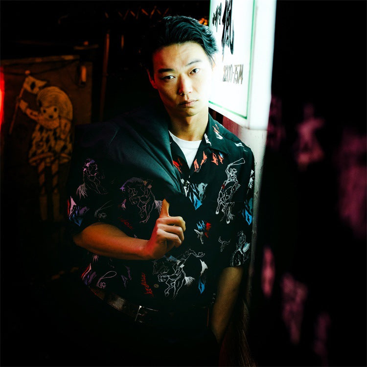 GUILTYPARTIES TIGER Shirts Western denim lasso casual rayon Hawaiian lapel short-sleeved shirt