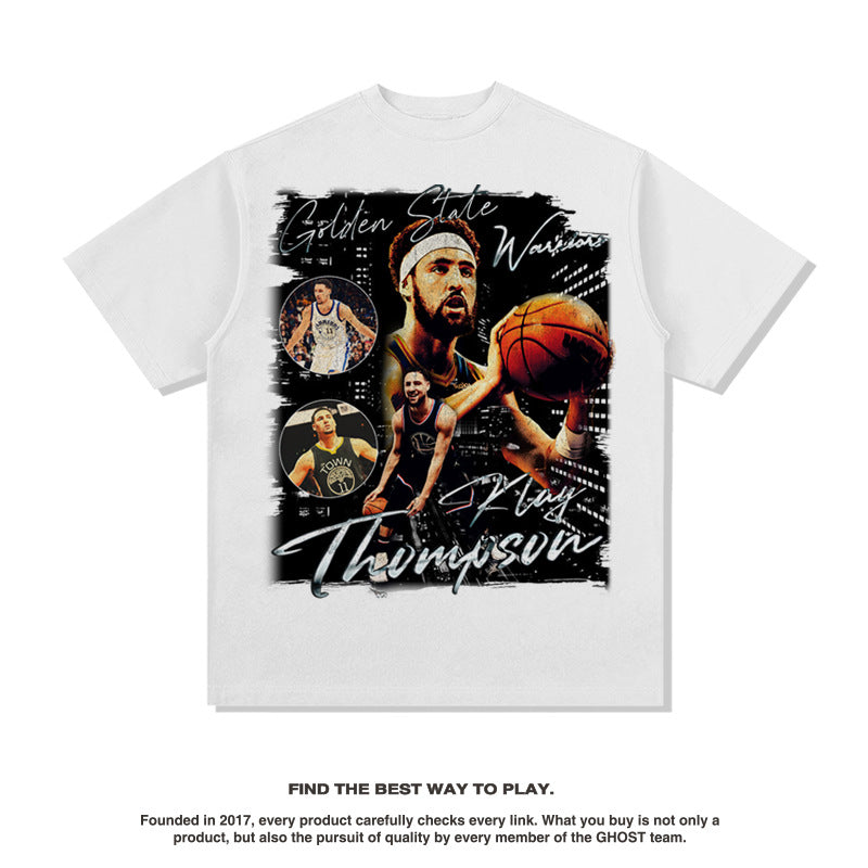 Nba T Shirt Thompson Basketball Star Short Sleeve T-shirt Retro Washed Distressed High-quality pure cotton comfortable and trendy clothing